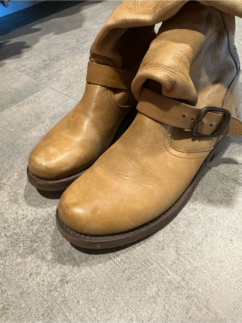 Women's Frye Slouch Camel Tan Leather Mid-Calf Boots - Picture 8 of 9